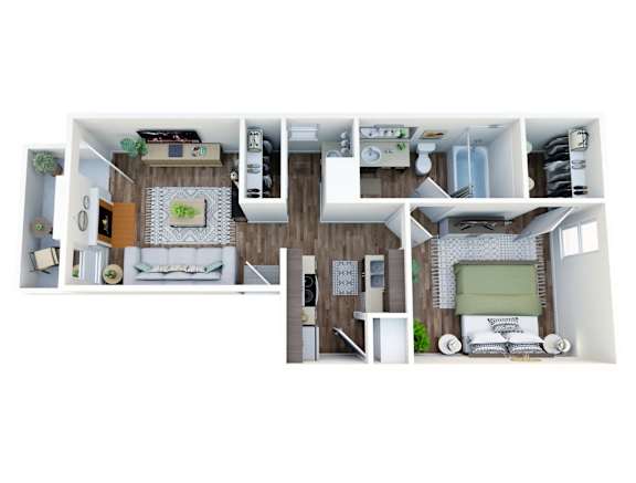 A 3D floor plan of a small apartment with a kitchen, living room, and bedroom.