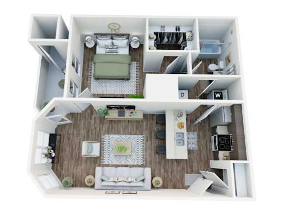 A top-down view of a small apartment with a living room, kitchen, and bedroom.