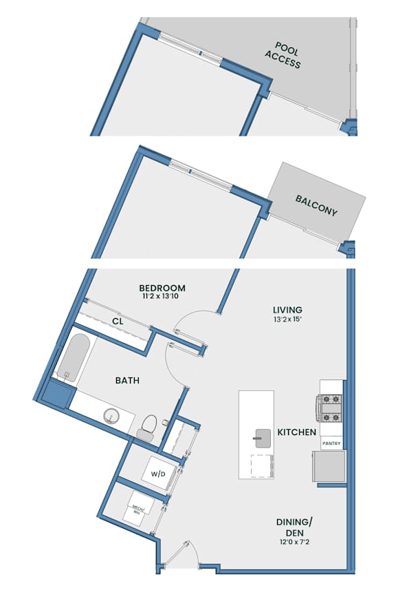 One bedroom apartment floor plan with balcony at 51 South Apartments, White Plains, New York