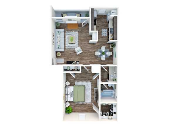 A floor plan of a two-story apartment with a living room, kitchen, and bedrooms.
