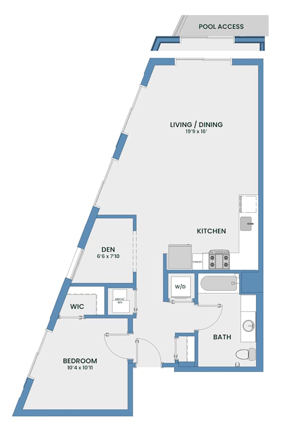 One bedroom floor plan with den and pool access at 51 South Apartments, New York