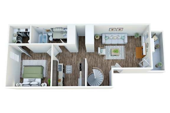 A top-down view of a small apartment with a living room, kitchen, and bedroom.