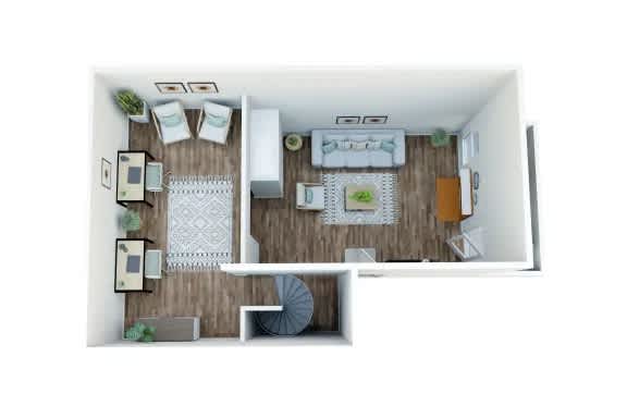 A top-down view of a small, neatly organized apartment with a kitchen, living room, and bedroom.