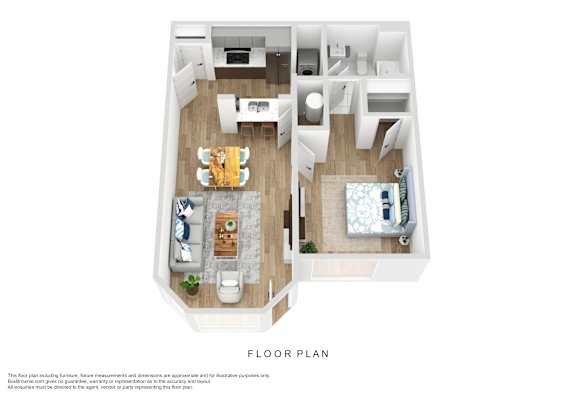A floor plan of a house with a living room, dining room, kitchen, and two bedrooms.