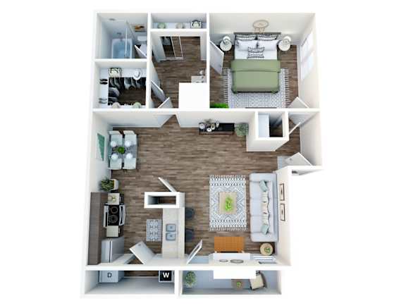 A top down view of a small apartment with a kitchen, living room, and bathroom.