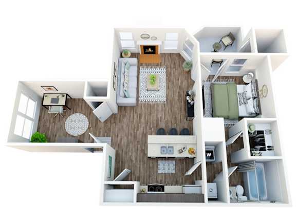 A 3D floor plan of a small apartment with a kitchen, living room, and bedroom.