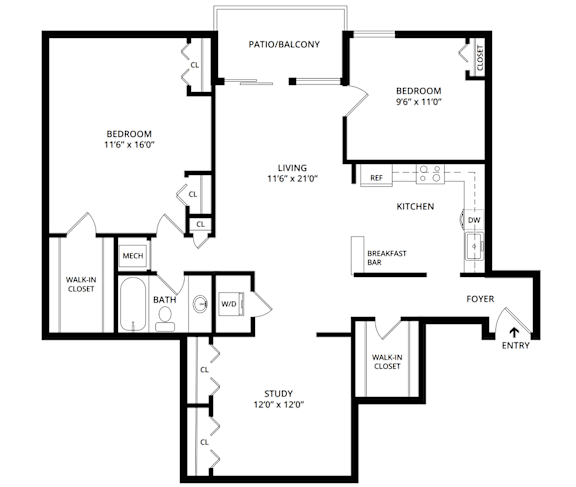 A black and white floor plan of a house with a study, two bedrooms, a living room, a kitchen, a breakfast bar, a foyer, and a patio/balcony.
