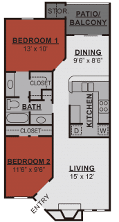 Floor Plan  A floor plan of a two bedroom apartment with a living room, dining room, kitchen, and bath.