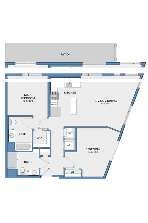 Two bedroom floor plan with patio and walk-in closet at 51 South Apartments, White Plains, NY 10601