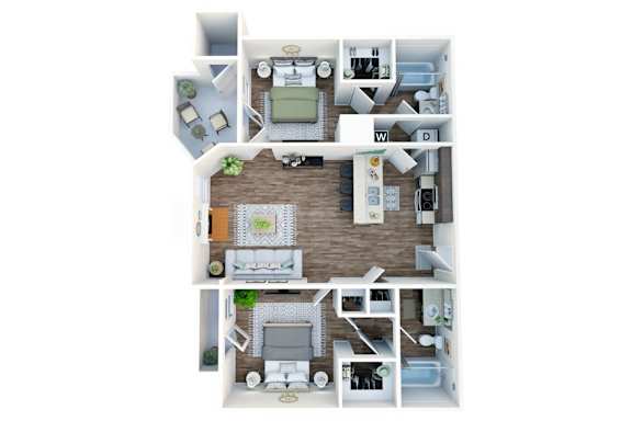 A top-down view of a house layout with a living room, kitchen, dining area, and bedrooms.