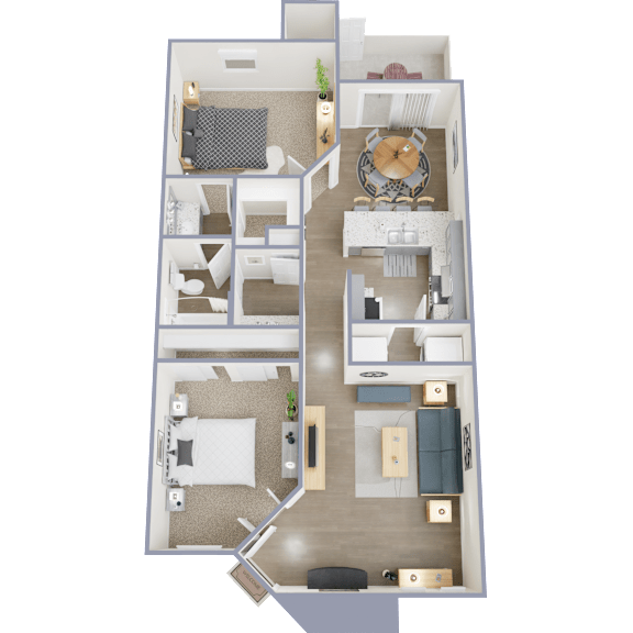 Floor Plan  A 3D floor plan of a house with two bedrooms, a living room, a kitchen, and a bathroom.