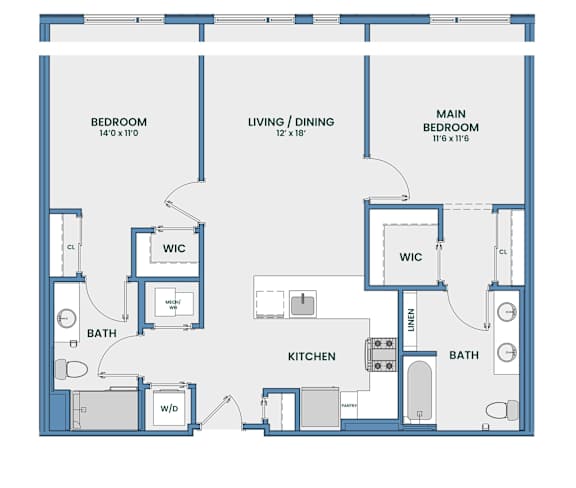 A blueprint of a house layout with a living room, dining room, kitchen, and two bedrooms.
