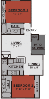 Floor Plan  A floor plan of an apartment with two bedrooms, a living room, a kitchen, a dining area, a bathroom, a patio, and a balcony.