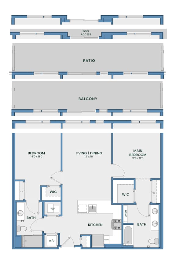 Two bedroom floor plan with dual bathrooms and balcony at 51 South Apartments, White Plains, NY