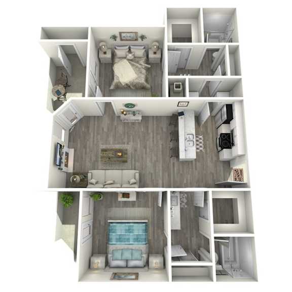 A 3D floor plan of a small apartment with a bedroom, living room, kitchen, and bathroom.