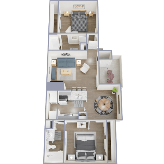 Floor Plan  A 3D floor plan of a house showing a living room, kitchen, dining area, and bedrooms.