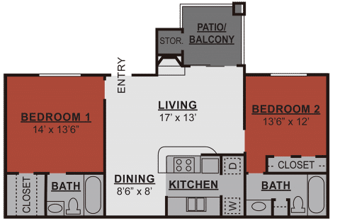 Floor Plan  A floor plan of a two bedroom apartment with a living room, dining room, kitchen, and bathrooms.