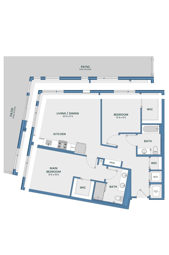 Two bedroom floor plan with patio and pool access at 51 South Apartments, White Plains, 10601