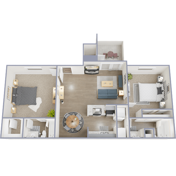 Floor Plan  A 3D floor plan of a house with a living room, kitchen, dining room, and two bedrooms.