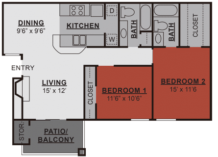 Floor Plan  A floor plan of a house with a living room, two bedrooms, a kitchen, a dining room, a patio/balcony, and a storage area.