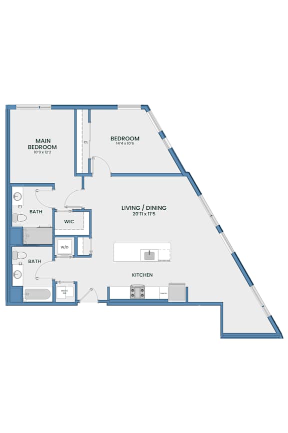 Two bedroom apartment floor plan with angled balcony at 51 South Apartments, White Plains, New York