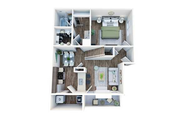 A dollhouse with a white background and a wooden floor.