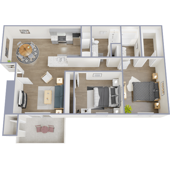 Floor Plan  A floor plan of a two-bedroom apartment with a living room, kitchen, and bathroom.