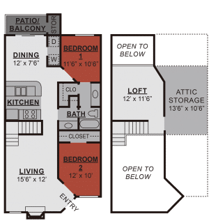 Floor Plan  A floor plan of a house with a living room, dining room, kitchen, two bedrooms, a bathroom, a cloakroom, and attic storage.