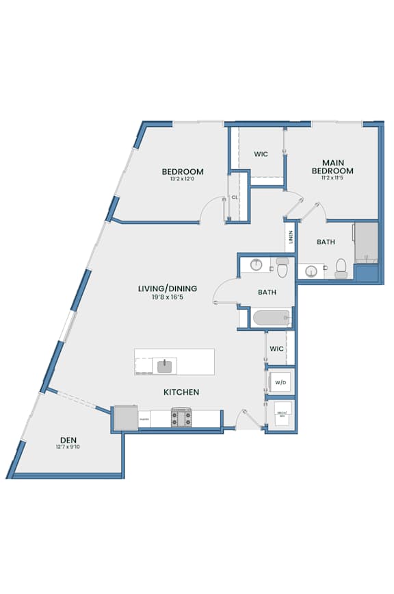 Two bedroom den floor plan layout at 51 South Apartments, White Plains