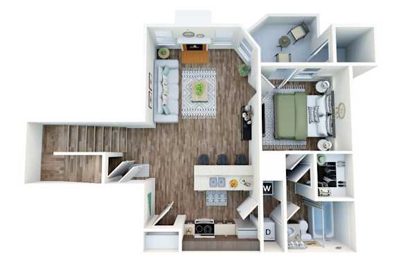 A cutaway diagram of a small apartment with a kitchen, living room, and bathroom.