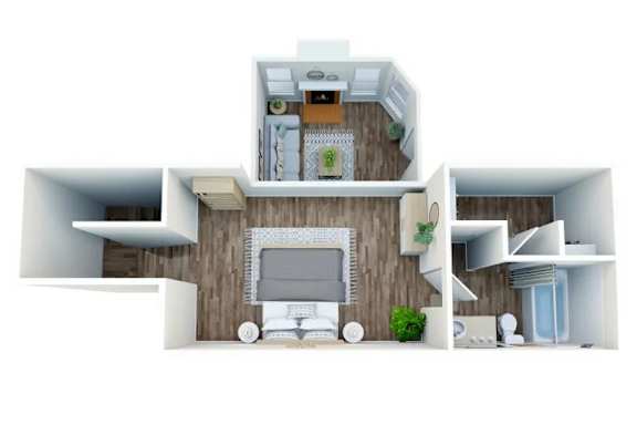 A 3D floor plan of a house with a kitchen, living room, and two bedrooms.