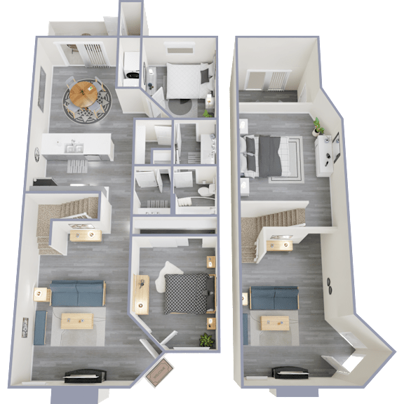 Floor Plan  A detailed 3D floor plan of a two-story residential apartment.