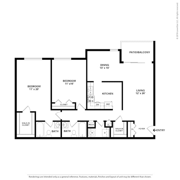 A floor plan of a home with a living room, dining room, kitchen, and two bedrooms.