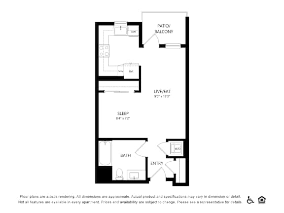 S1 floorplan at Bayview Apartments, Emeryville, California, 94608