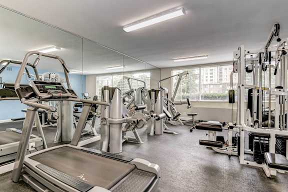 Gym with variety of modern equipments at Monticello at Southern Towers, Virginia, 22311