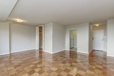 Unfurnished checkered floor living room at Monticello at Southern Towers, Alexandria, Virginia, 22311