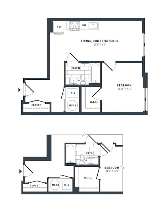 A floor plan of a house with a living room, dining room, kitchen, and two bedrooms.