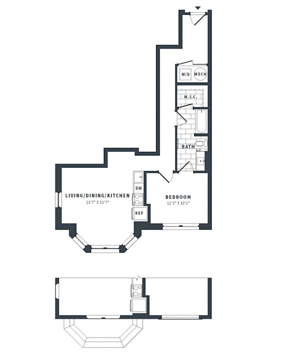 A black and white image of a floor plan for a one bedroom apartment.