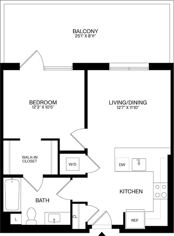 A floor plan of a home with a balcony, bedroom, living/dining area, kitchen, bathroom, and walk-in closet.