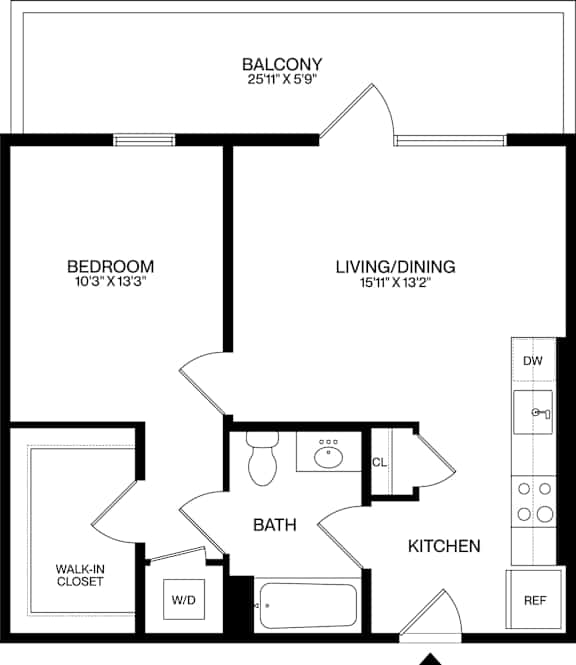 A black and white image of a floor plan for a home with a balcony, bathroom, kitchen, living/dining area, and bedroom.