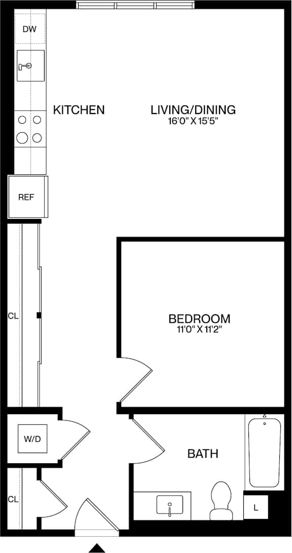 A black and white image of a floor plan for a small apartment.