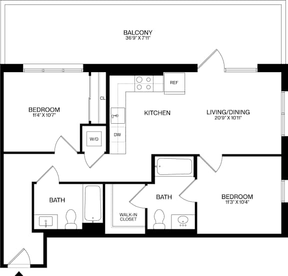 A black and white image of a floor plan for a balcony, kitchen, living/dining area, and two bedrooms.