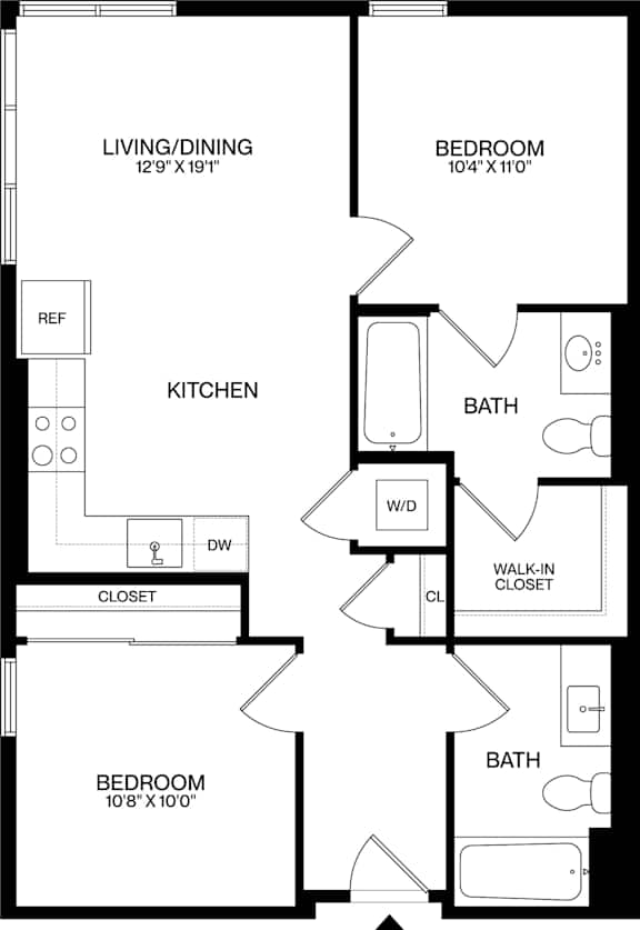 A black and white image of a floor plan for a home with a living/dining area, kitchen, two bedrooms, and two bathrooms.