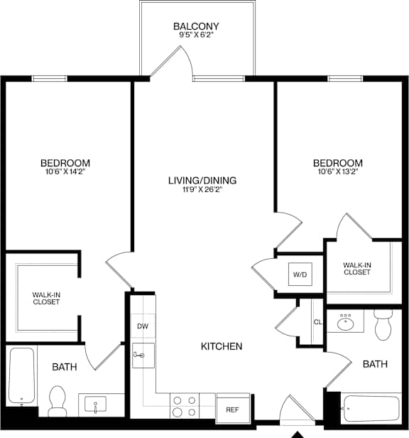 A black and white image of a floor plan for a home with a balcony, two bedrooms, a living/dining area, a kitchen, two bathrooms, a walk-in closet, and a reference area.
