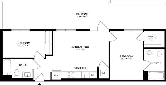 A black and white image of a floor plan for a balcony, living/dining area, kitchen, and two bedrooms.