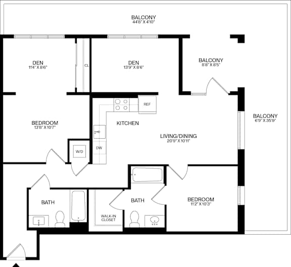 A black and white image of a floor plan for a home with a balcony, kitchen, living/dining area, and bathrooms.