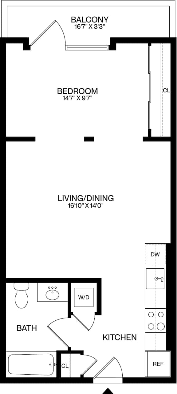 A floor plan of a small apartment with a bedroom, living room, kitchen, and bathroom.