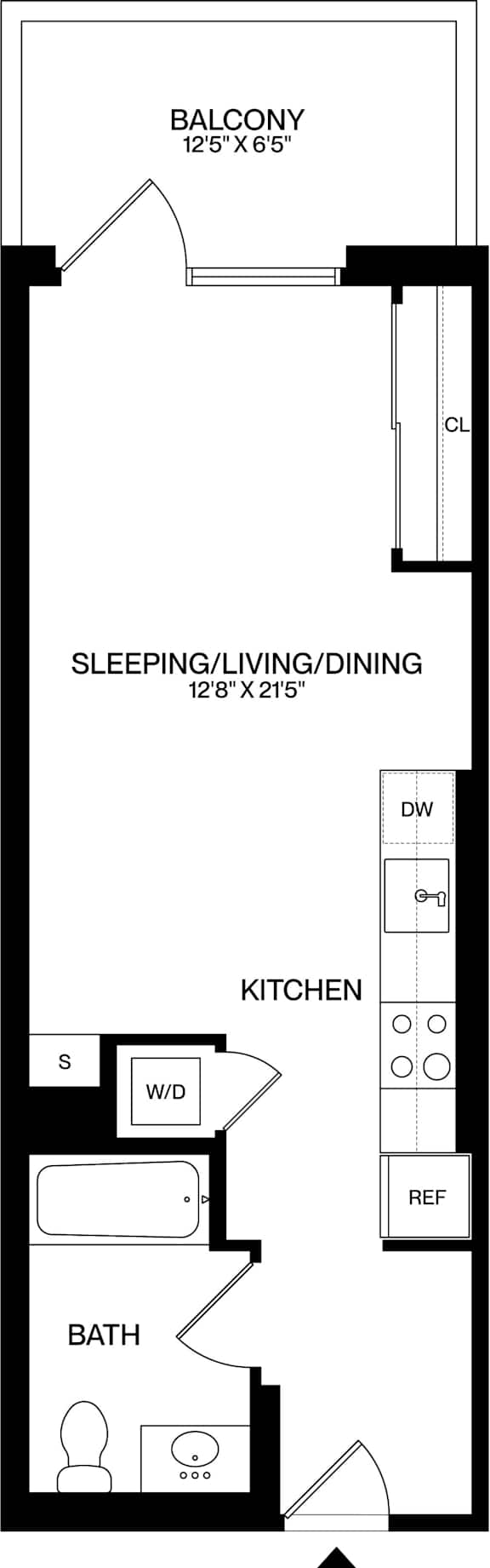 A floor plan of a small apartment with a balcony, kitchen, bathroom, and sleeping/living/dining area.