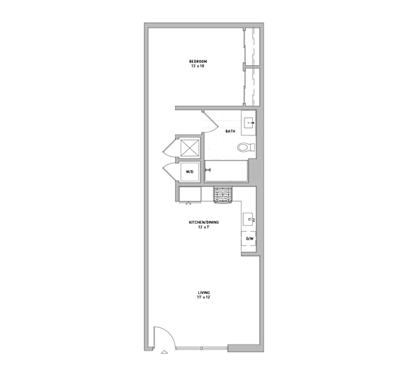 A floor plan of a house with a kitchen, living room, dining room, and two bedrooms.