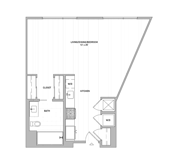 A floor plan of a house with a kitchen, bathroom, and two bedrooms.